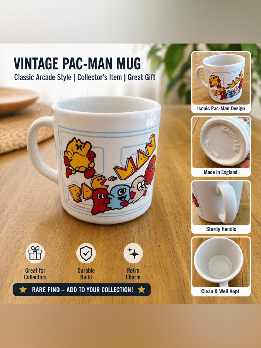 Vintage Pac-Man Mug • Made in England • Retro Arcade Collectible Cup